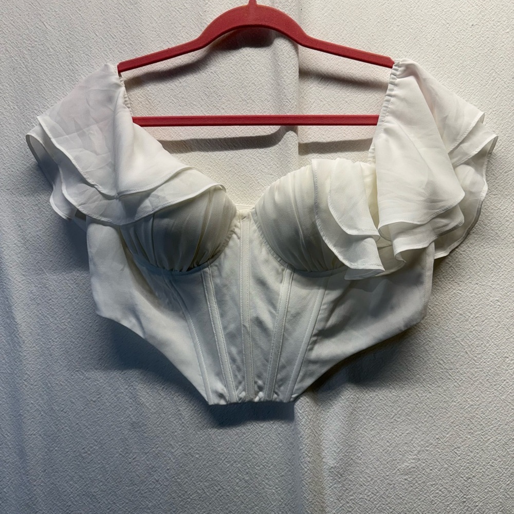 Festival Style Ruffle Corset Style Off Shoulder Top with Boning on a Dipped Hem